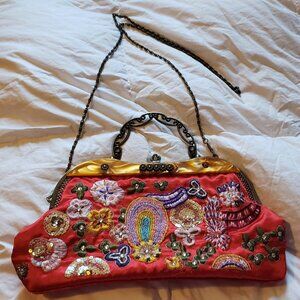 1990s Y2K Red Embroidered Beaded Sequins Bag Clutch Purse Mother of Pearl